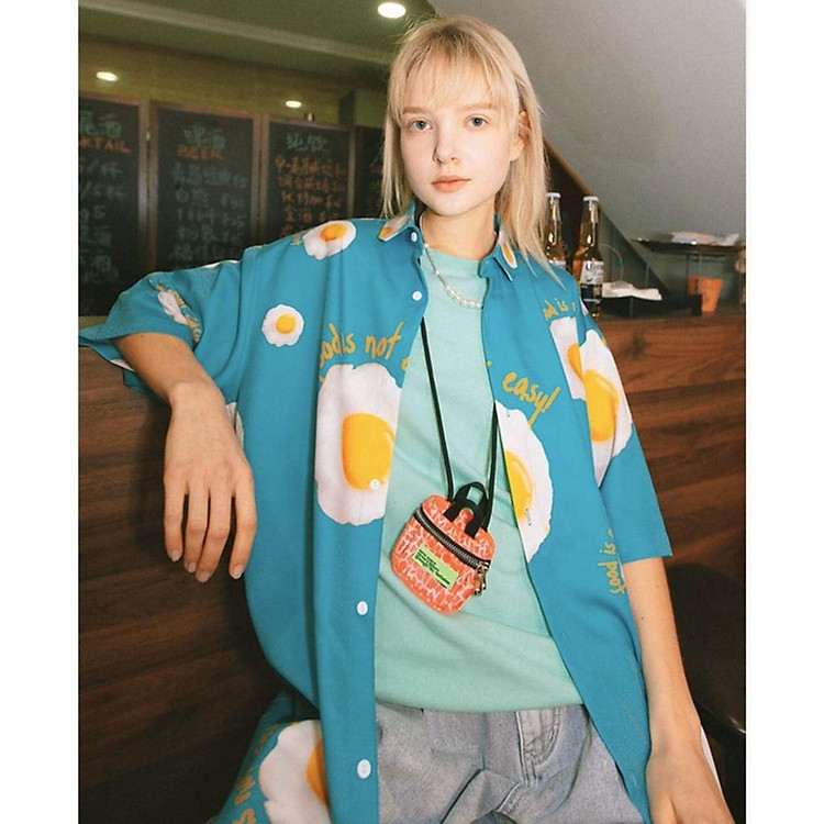 Áo sơ mi họa tiết MEANSTORE nam nữ tay lỡ Oversize form rộng ulzzang cổ pizama không nhăn dáng suông - Xanh mint foood