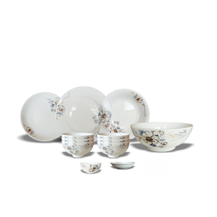 Bộ Bàn Ăn Hoa Bạch Kim - Trọn Bộ 12 Sản Phẩm Sứ Minh Châu Cao Cấp