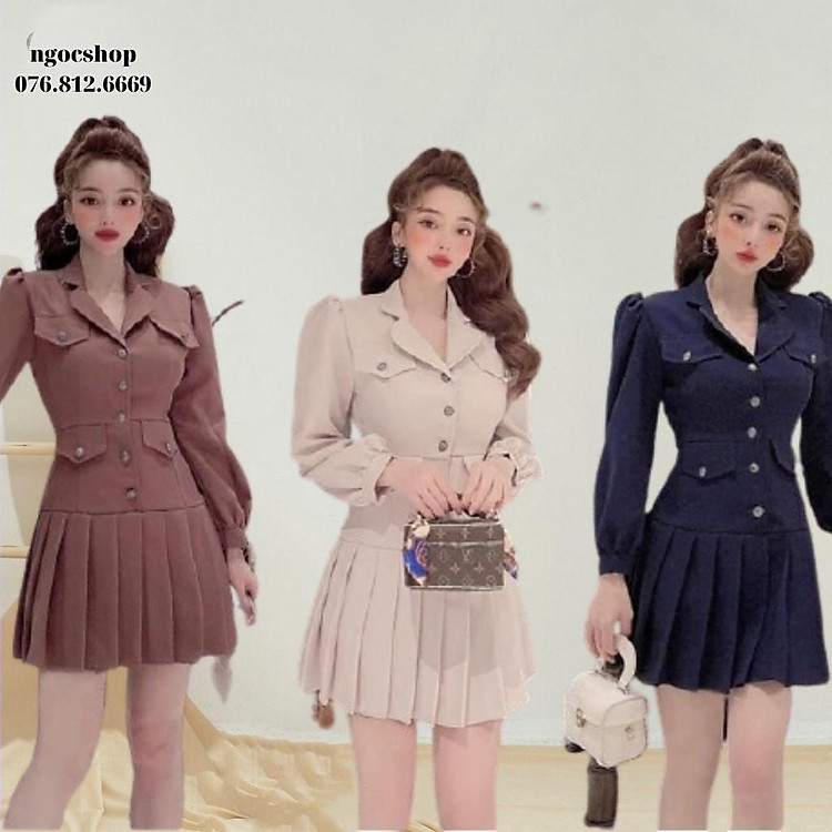 Đầm cổ vest xếp ly 3 màu