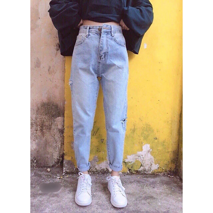 Quần baggy jean lưng cao rách ống