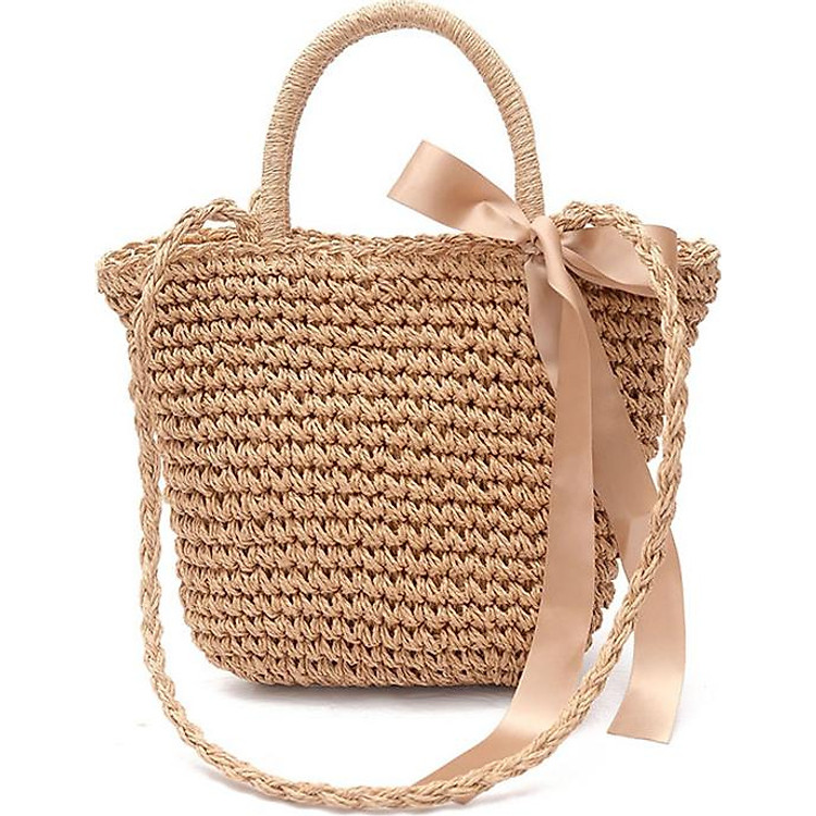 Túi cói đi biển dây nơ Vintage