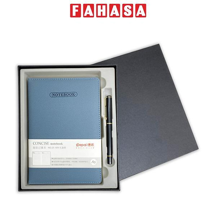 Bộ Quà Tặng Sổ Bìa Da A5 Kèm Bút Ký - 224 Trang 80gsm - Depai 25-009 - Mực Xanh - Màu Xanh
