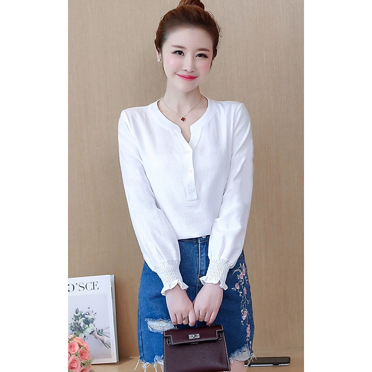 Áo Sơ Mi Công Sở Nữ Cổ Trụ Tay Nhún Bèo - SM954
