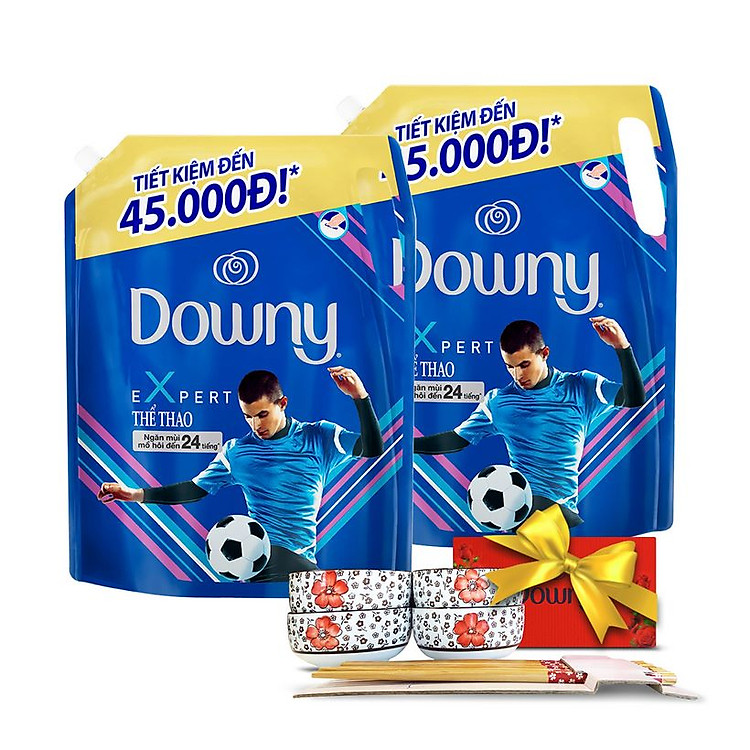 Combo 2 Nước Xả Vải Downy Expert Thể Thao Dạng Túi 2.4L + Tặng Bộ 4 Chén Đũa Cao Cấp Kiểu Nhật