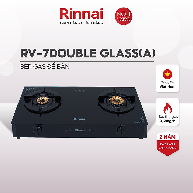 Bếp gas dương Rinnai RV-7Double Glass(A) mặt bếp kính và kiềng bếp men - Hàng chính hãng.
