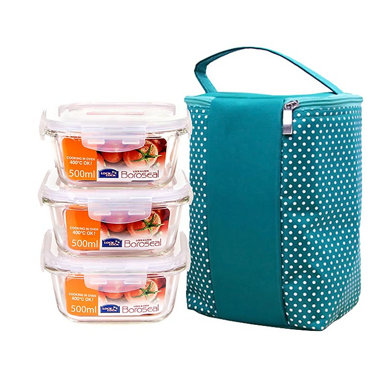 Bộ 3 Thố thủy tinh vuông Lock&Lock LLG214 500ml tặng túi giữ nhiệt