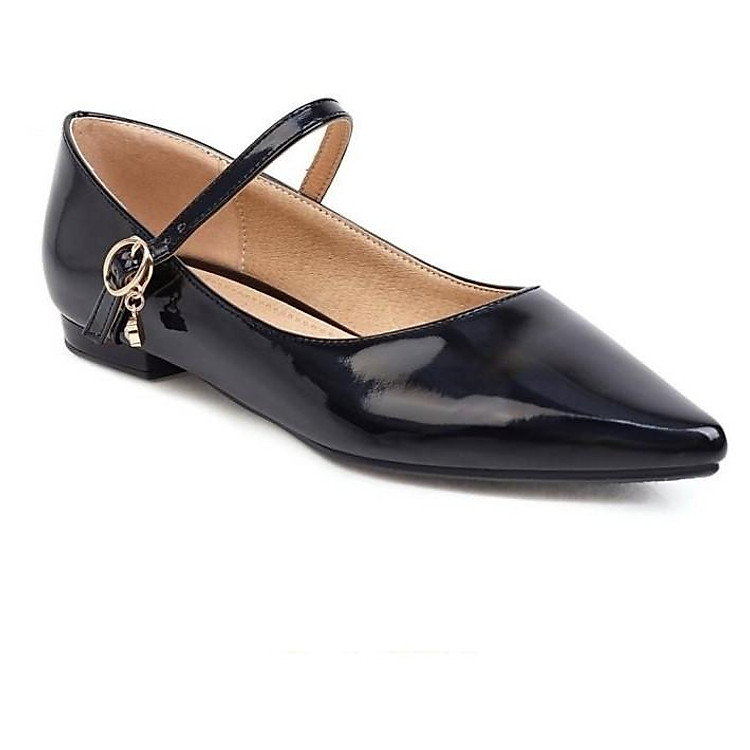 Giày búp bê nữ phối khóa đen bóng size lớn 40 41 42 43 44