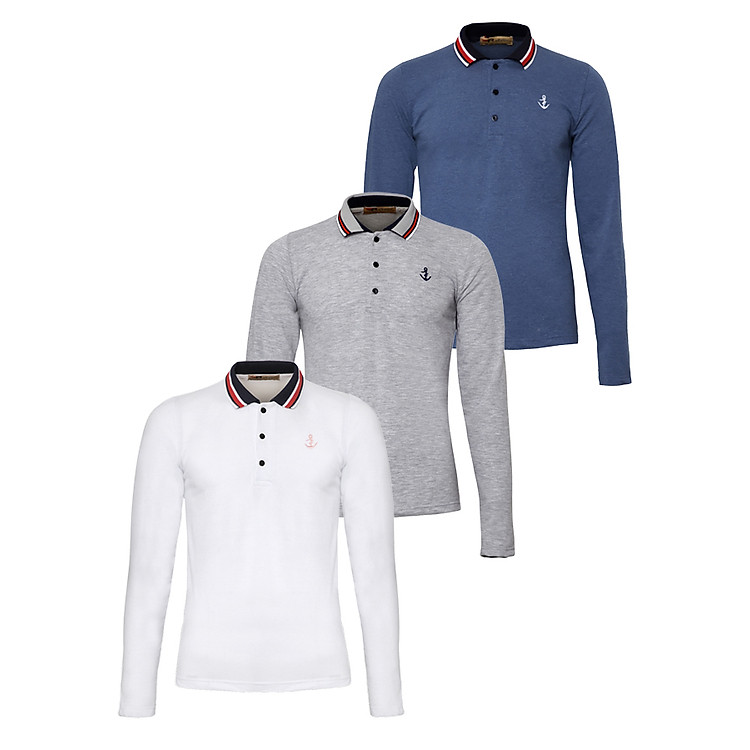 Bộ 3 áo thun nam polo phối bo dài tay chuẩn phong cách Pigofashion PG17 (Trắng,Xám, đốm vịt)