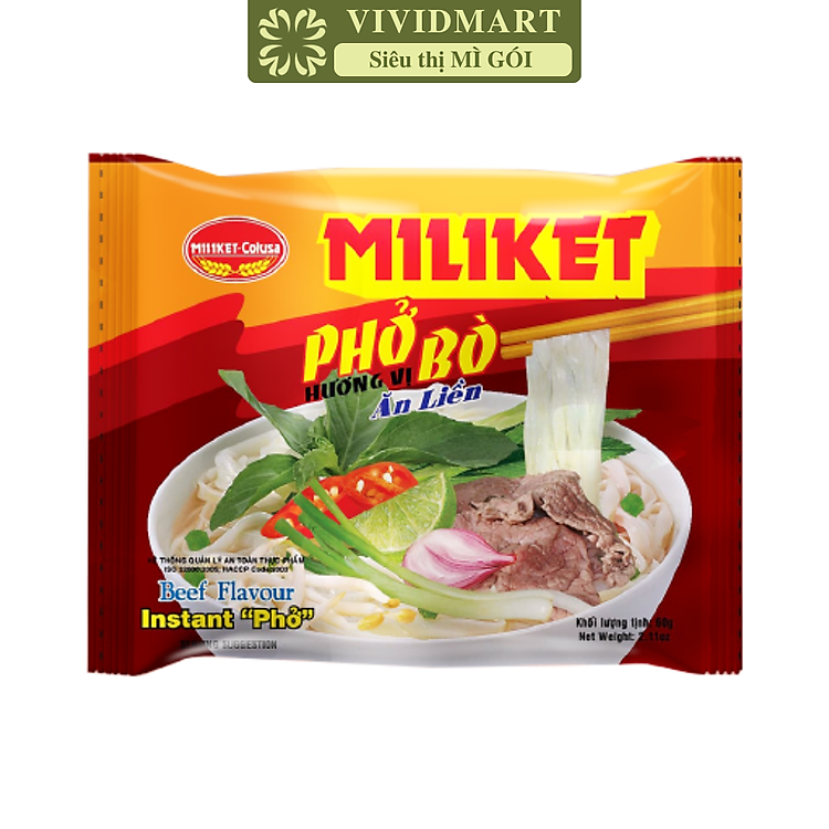 COLUSA - Phở Bò Miliket, Phở Miliket bò, Phở bò gói Miliket, Phở bò ăn liền, Phở vị bò Miliket (60g/gói)