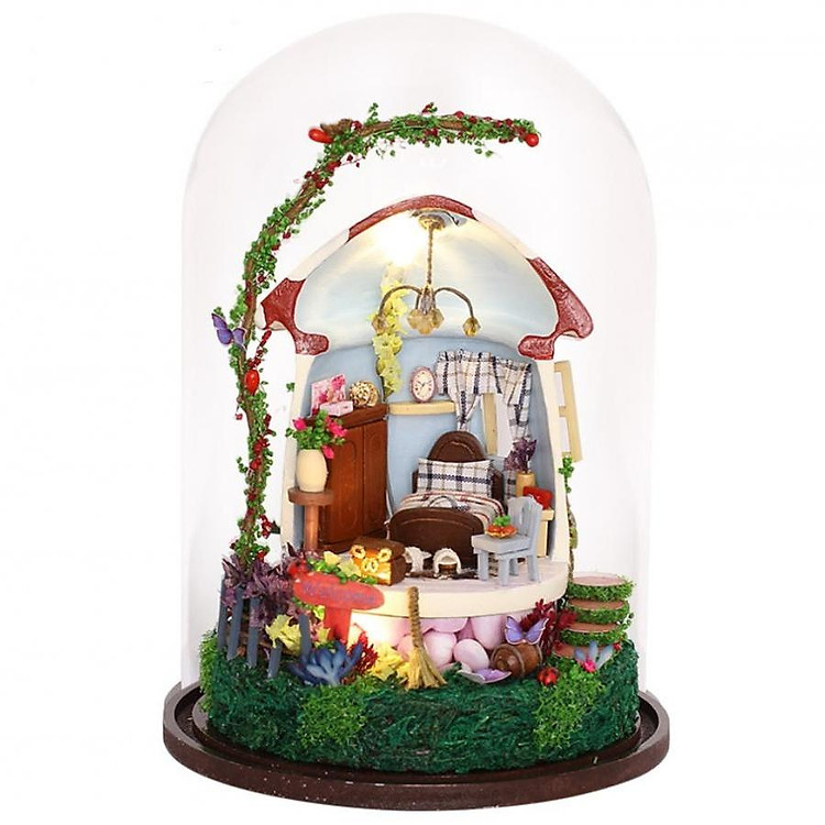 Mô hình nhà búp bê xoay phát nhạc trong lồng chụp mica - Mushroom House