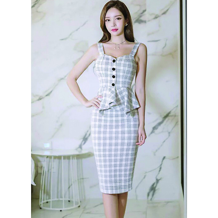 Set Áo Hai Dây Chân Váy Bút Chì Caro Thời Trang