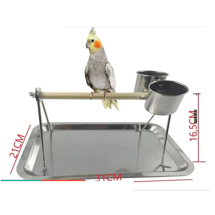 1 cầu đứng để bàn cây đậu gỗ, có kèm cóng ăn uống cho chim, vẹt (dài 31 rộng 21 cao 16,5)