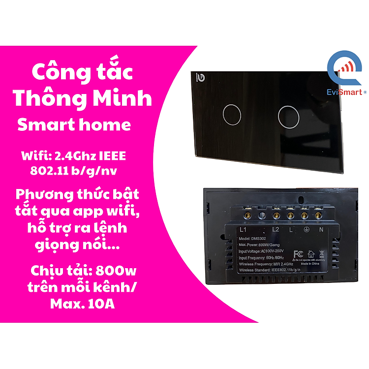 Công tắc cảm ứng thông minh Evismart, mặt kính cường lực, 2 nút bấm, màu trắng hoặc đen, sử dụng sóng wifi, điều khiển từ xa qua app Tuya