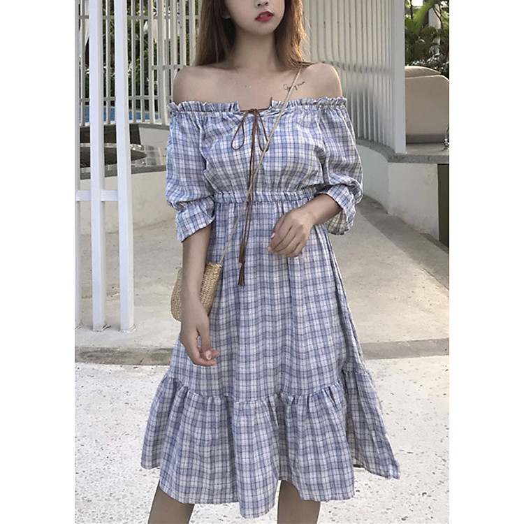 Đầm xòe trễ vai kẻ caro điệu đà D025