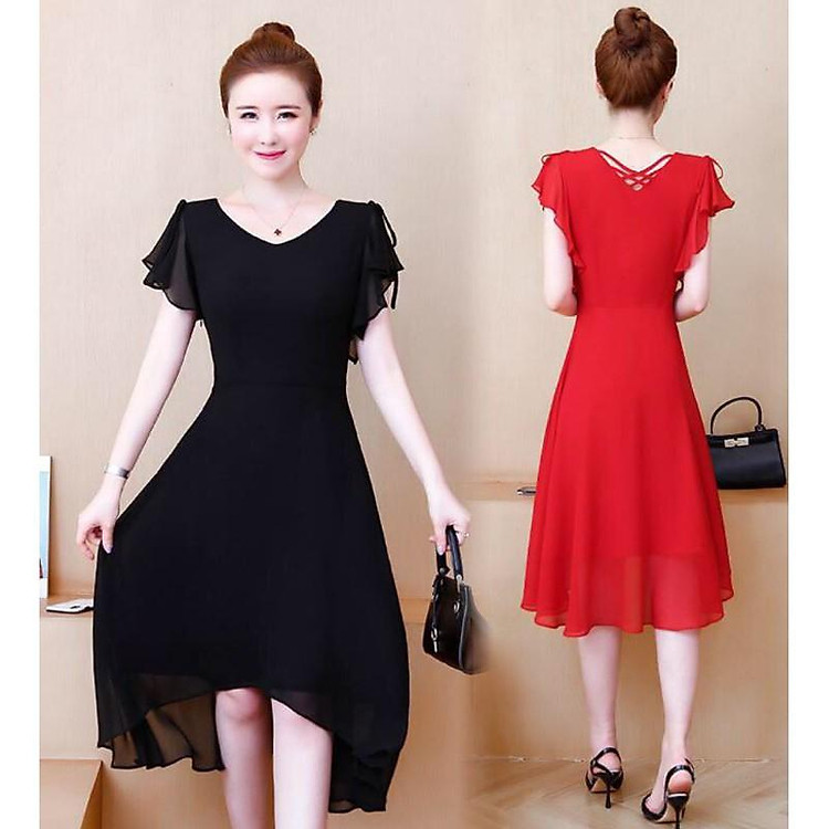 Đầm xòe vạt xéo, cổ tim tay cánh tiên quyến rũ