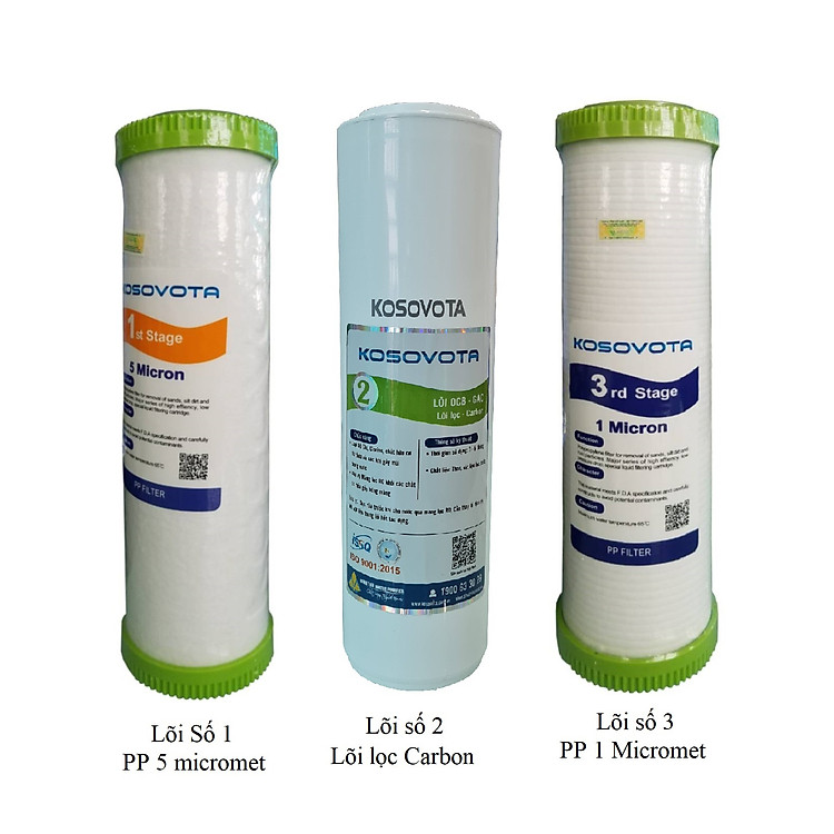 Bộ 3 lõi lọc nước 123 Kosovota 10" dùng cho máy lọc nước gia đình (Hàng chính hãng)