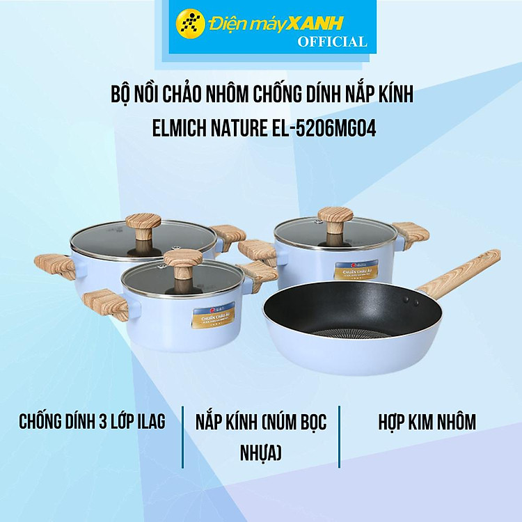 Bộ nồi chảo nhôm chống dính nắp kính Elmich Nature EL-5206MG04 - Hàng Chính Hãng