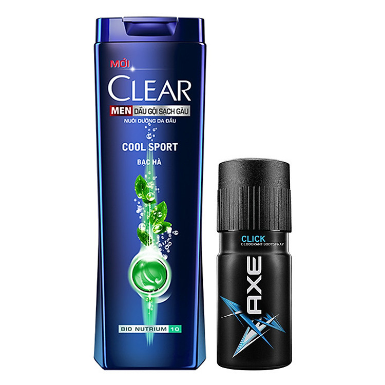 Combo Xịt Ngăn Mùi Toàn Thân Axe Click (150ml) + Dầu Gội Clear Men Sport Mát Lạnh Bạc Hà (370g)