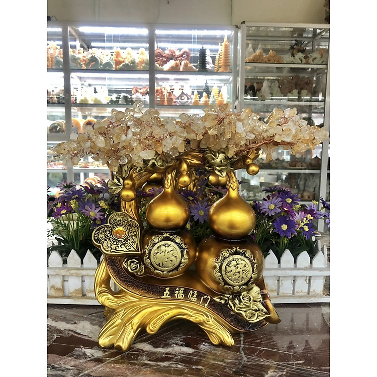 Cây tài lộc bầu hồ lô phong thủy đá thạch anh vàng trang trí bàn thờ thần tài, bàn làm việc - Cao 34 cm