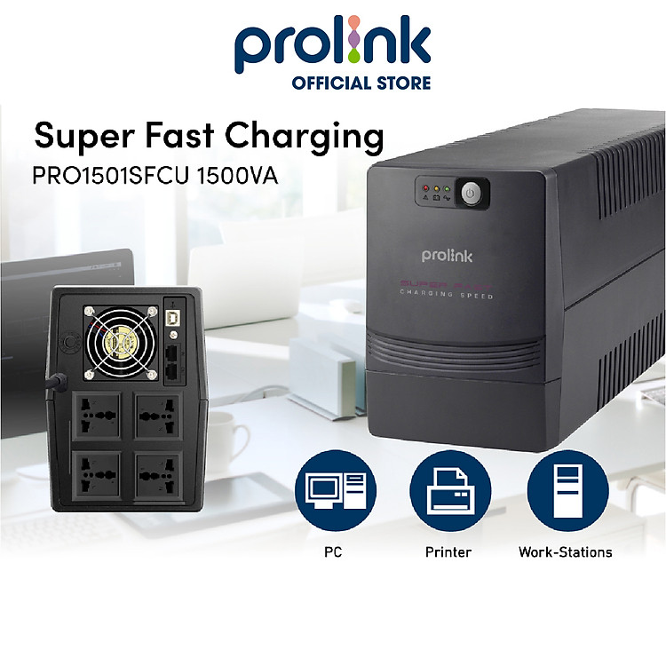 Bộ lưu điện UPS PROLiNK PRO1501SFCU (1500VA) công suất 900W, tích hợp bộ AVR, sạc siêu nhanh, dùng cho PC, Camera, Wifi - Hàng chính hãng