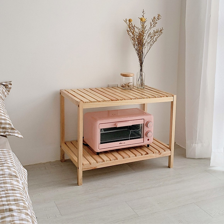 Giá kệ gỗ lò vi sóng Diwali hình chữ nhật 2 tầng đa năng dài 66cm rộng 40cm cao 50cm - Gỗ thông NewZealand - Màu vàng nhạt - Có vân gỗ đẹp