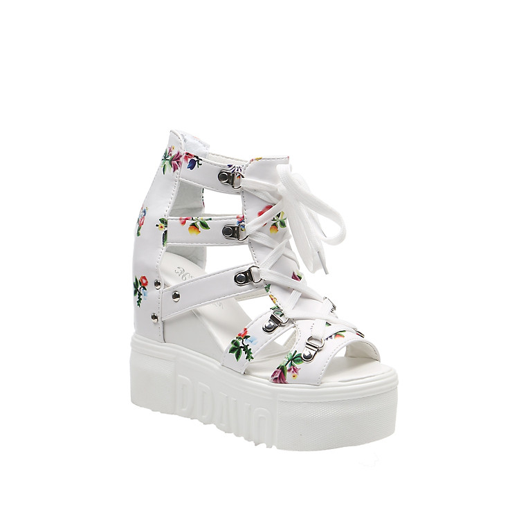 Giày Sandal nữ đế xuồng, giày cột dây kèm khóa kéo kiểu dáng thời trang màu trắng S087