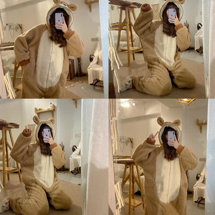 Bộ lông gấu nâu bộ gấu liền thân thêu hình đẹp cho nữ siêu ấm, đồ ngủ mùa đông lông cừu giữ nhiệt tốt ,bộ ngủ lông