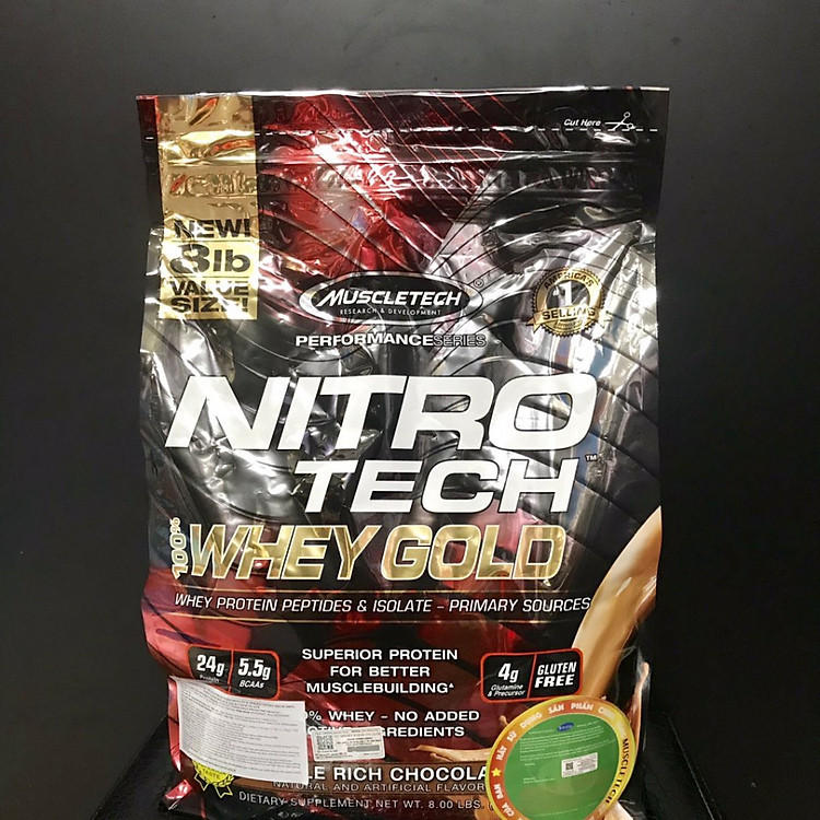 Sữa tăng cơ Nitro Tech 100% Whey Gold của Muscletech Bịch 8lbs (3.63kg) - Hàng chính hãng Muscletech USA