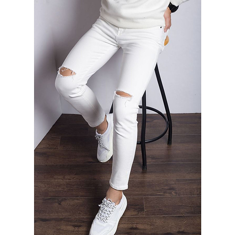 Quần Jean Trắng Rách Gối Dáng Ôm Body Co Giãn TRANGRACH55 - Trắng Rách