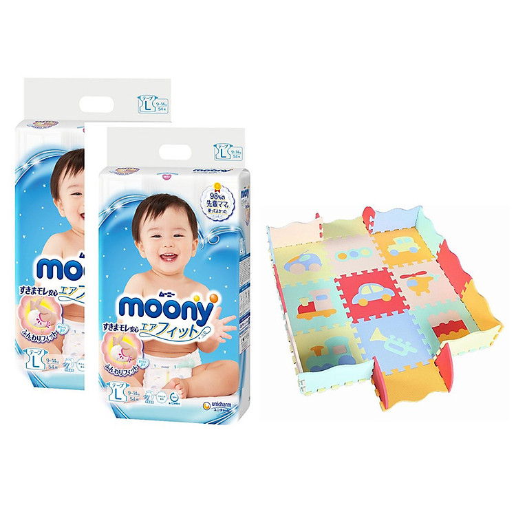 Combo 2 Gói Tã Dán Cao Cấp Moony Nhật Bản L54 (54 Miếng) - Tặng 1 Thảm Xốp Quây
