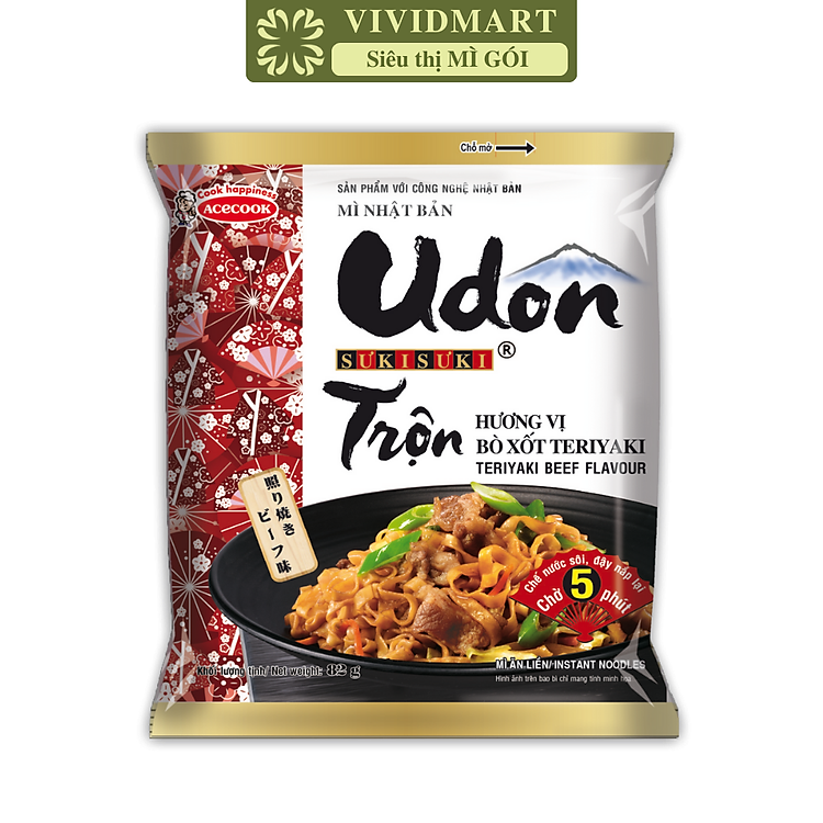 ACECOOK - Mì trộn Udon Sưkisưki hương vị Bò xốt Teriyaki, Mì Udon Sưki Sưki trộn, Mì udon Suki Acecook (82g/gói)