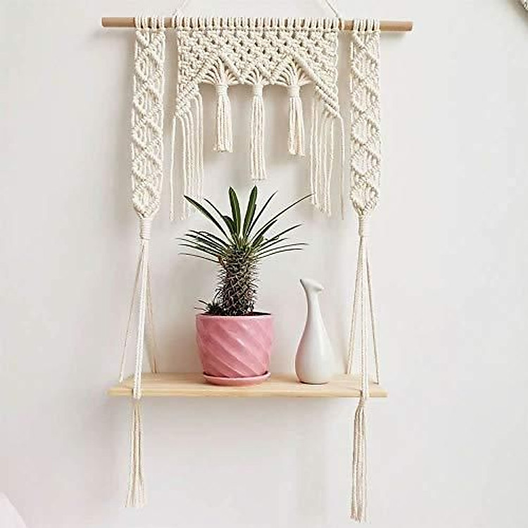 Kệ gỗ thông 60x15x1,5cm treo dây trang trí macrame handmade