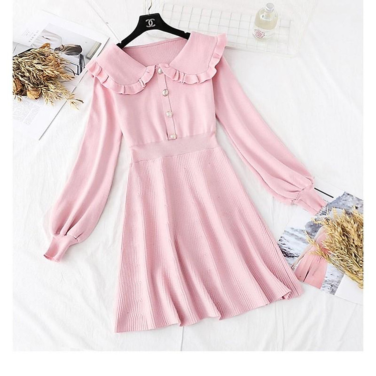 Váy thu đông màu hồng tiểu thư ulzzang