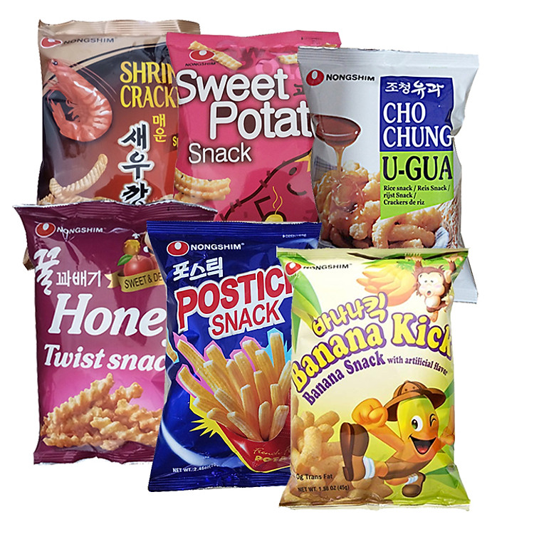 Combo 6 Hương Vị Snack (mật ong+tôm+khoai tây+bánh gạo+khoai lang +chuối) Nongshim Hàn Quốc