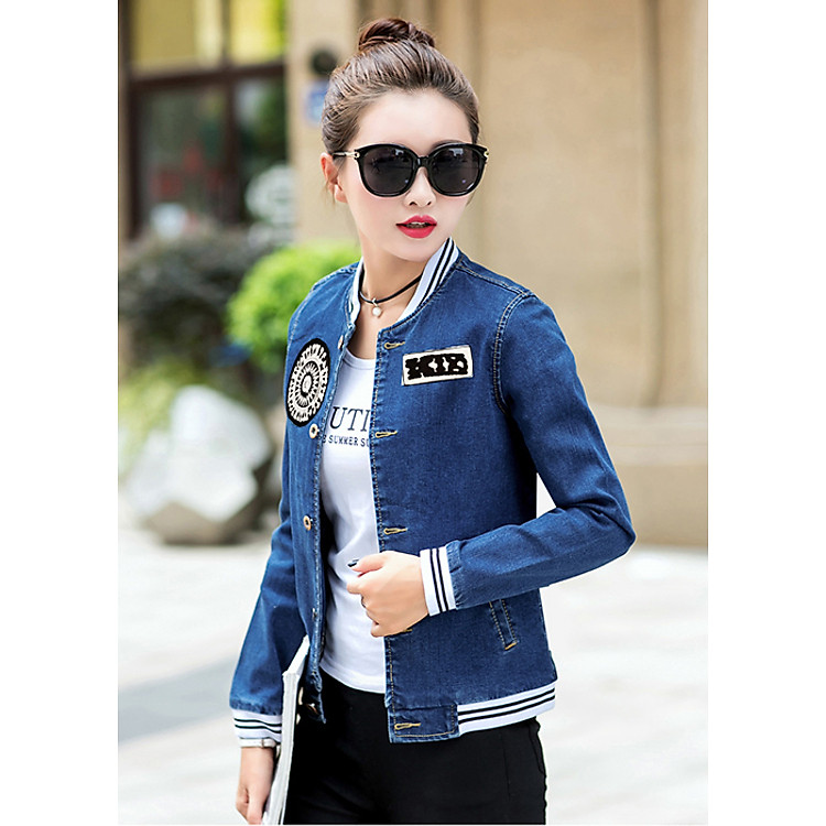 Áo Khoác Jean Nữ Dài Tay Thêu Logo