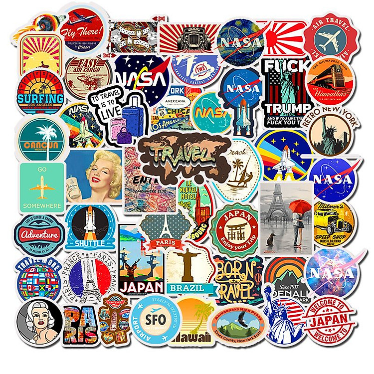 Bộ 50 Sticker dán Macbook, Vali, Mũ bảo hiểm, Điện thoại, Laptop chủ đề du lịch thế giới Travel Word - Hàng nhập khẩu