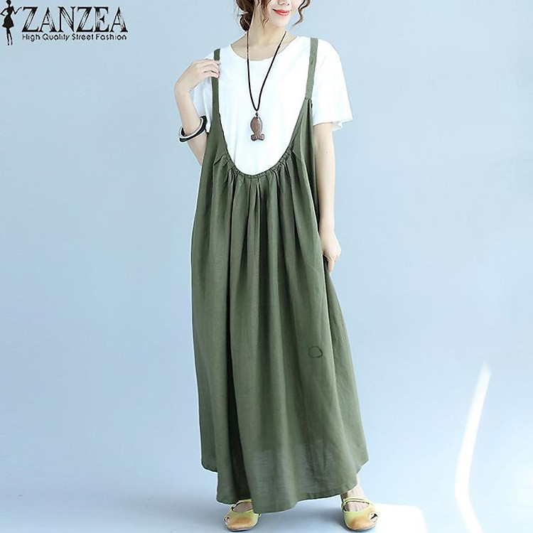 ZANZEA Pleated Straps Dress Women Sleeveless Spaghetti Straps Solid Long Dress