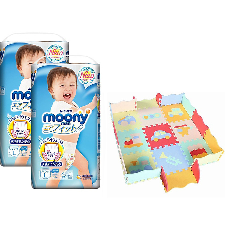 Combo 2 Gói Tã Quần Cao Cấp Moony Nhật Bản Bé Trai L44 (44 Miếng/Gói) - Tặng 1 Thảm Xốp Quây