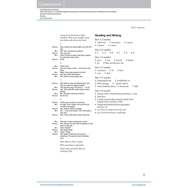 Cambridge English Young Learners 2 for Revised Exam from 2018 Movers Answer Booklet - Ảnh 6