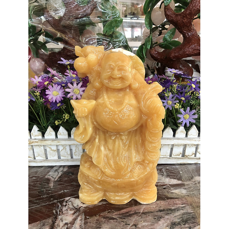 Tượng Phật Di Lặc đứng gánh đào lượng phong thủy đá ngọc hoàng long - Cao 25 cm