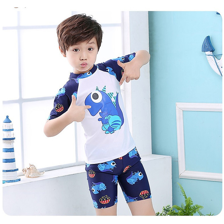 Bộ Đồ Bơi Khủng Long Dành Cho Bé Trai CaoTừ 85cm - 125cm chất vải Polyeste thân thiện với trẻ em, mau khô, thấm hút mồ hôi tốt, thiết kế thời trang bắt mắt - Tặng kèm nón bơi vải cùng màu