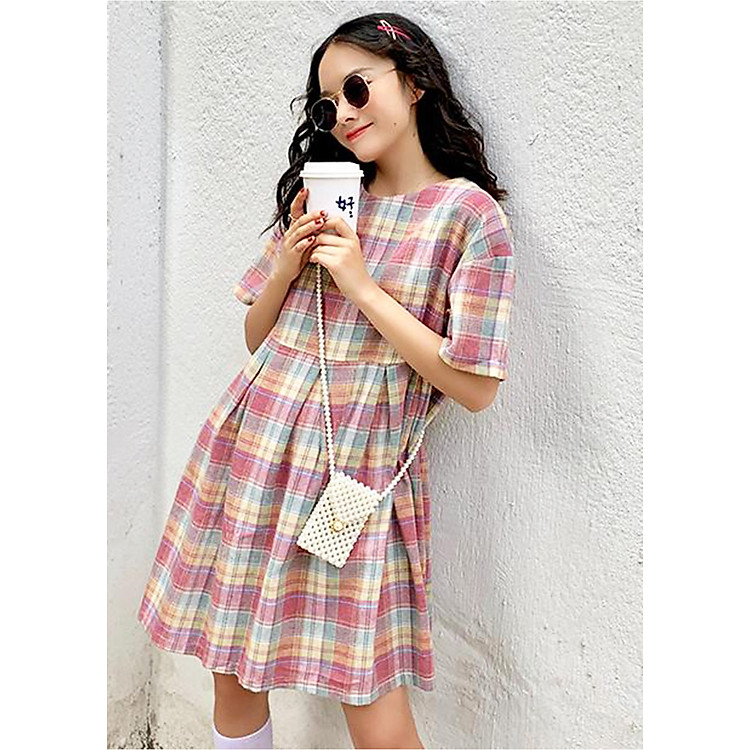 Đầm babydoll ngắn tay kẻ caro hồng xinh xắn, váy dáng xòe bồng điệu đà chất đẹp freesize<55kg