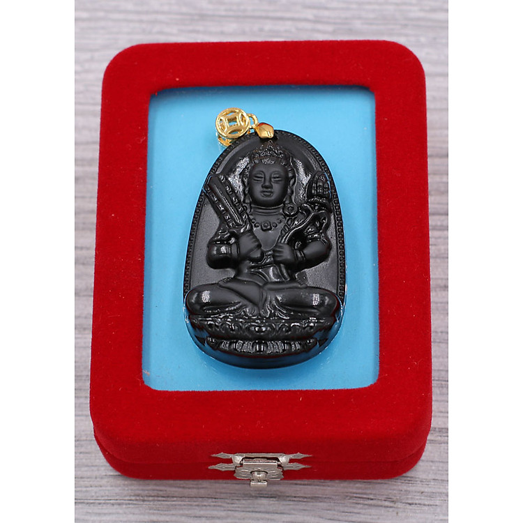 Mặt Phật Hư Không Tạng bồ tát - thạch anh đen 4.3cm - kèm hộp nhung - tuổi Sửu, Dần
