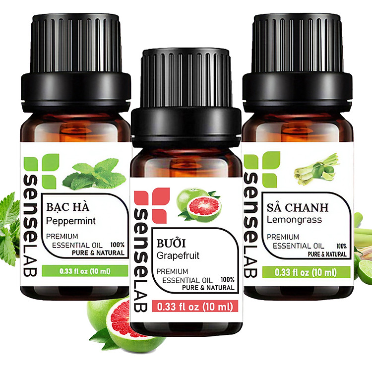 Combo 3 Tinh dầu SENSELAB Bạc Hà (10ml) + Sả Chanh (10ml) + Vỏ Bưởi (10ml) - Tinh dầu thiên nhiên nhập khẩu Ấn Độ