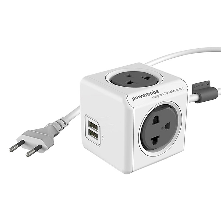 Ổ Cắm Điện Allocacoc PowerCube Extended 2 Sạc USB - Xám (3m) - Hàng chính hãng