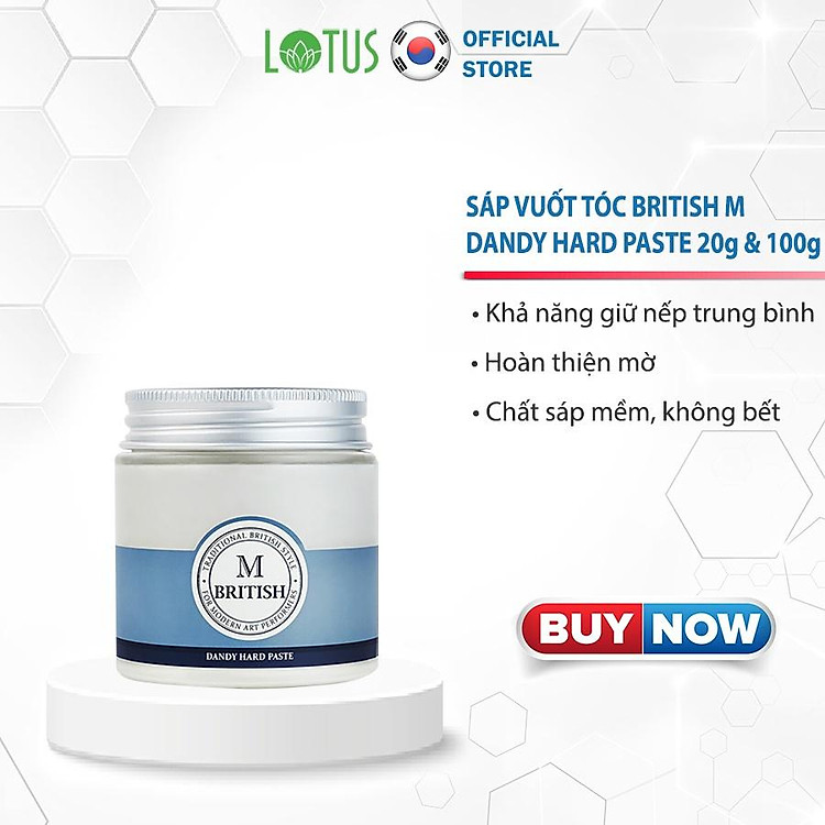 Sáp vuốt tóc tạo kiểu linh hoạt cứng vừa phải không bóng dành cho nam nữ hàn quốc BRITISH M Dandy Hard Paste 20g và 100g