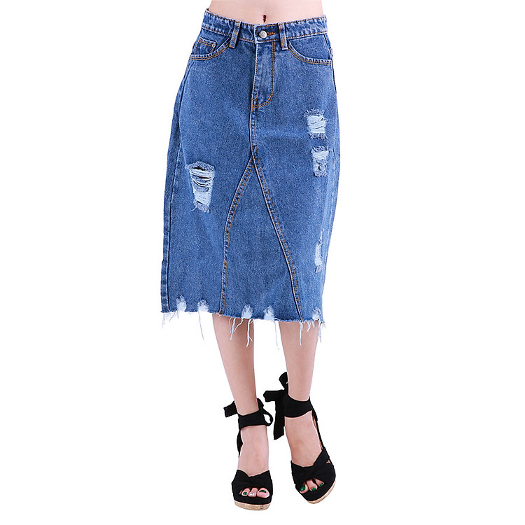 Chân Váy Jean Nữ Rách Dài Qua Gối CV004 Miha Fashion - Xanh