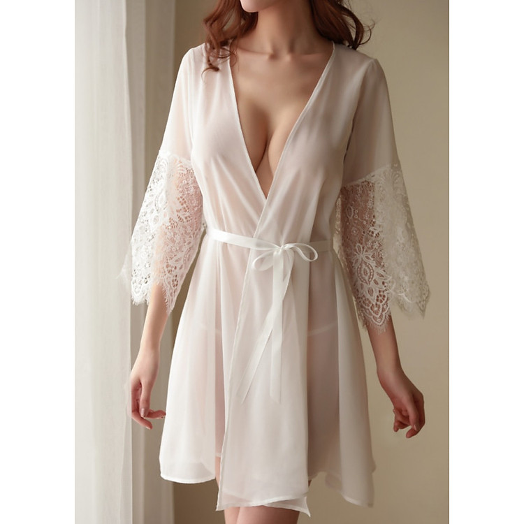 Váy Ngủ Voan Trắng Mỏng Tay Phối Ren