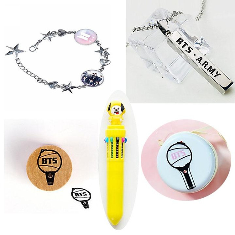 Combo 5 món idol thần tượng BTS gồm vòng tay ngôi sao dây chuyền dấu ấn hình lightstick bút nhiều màu hộp đựng tai nghe
