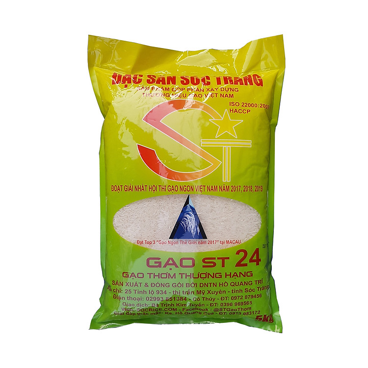 Gạo Thơm Thượng Hạng ST24 Sóc Trăng Túi 5Kg- Gạo ngon top 3 thế giới 2017 - Hạt thon dài, cơm dẻo mềm, mùi thơm đặc trưng